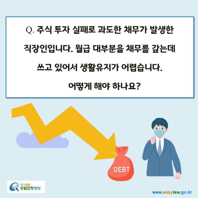 www.easylaw.go.kr Q. 주식 투자 실패로 과도한 채무가 발생한 직장인입니다. 월급 대부분을 채무를 갚는데 쓰고 있어서 생활유지가 어렵습니다.  어떻게 해야 하나요?