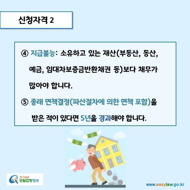 www.easylaw.go.kr 신청자격 2 ④ 지급불능: 소유하고 있는 재산(부동산, 동산, 예금, 임대차보증금반환채권 등)보다 채무가 많아야 합니다.⑤ 종래 면책결정(파산절차에 의한 면책 포함)을 받은 적이 있다면 5년을 경과해야 합니다.