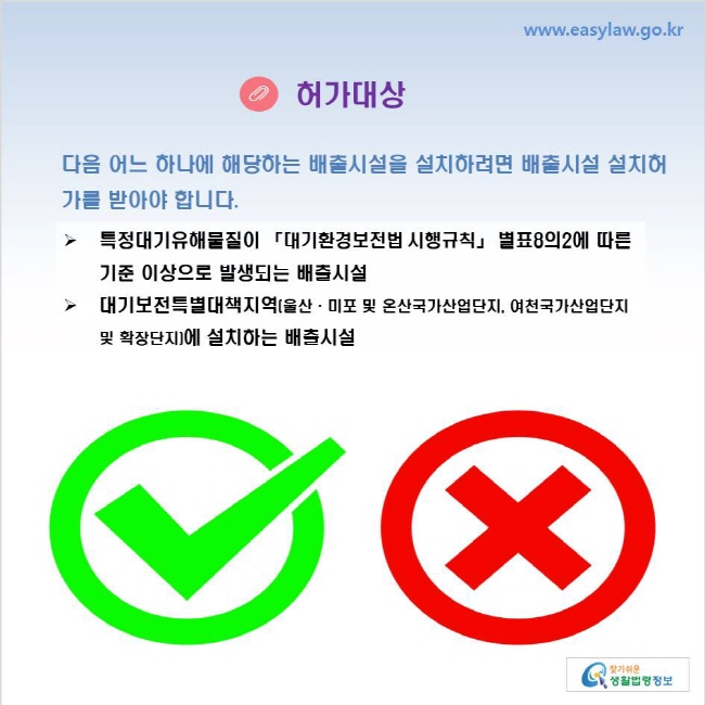 www.easylaw.go.kr 허가대상 다음 어느 하나에 해당하는 배출시설을 설치하려면 배출시설 설치허가를 받아야 합니다. 특정대기유해물질이 「대기환경보전법 시행규칙」 별표8의2에 따른 기준 이상으로 발생되는 배출시설 대기보전특별대책지역(울산·미포 및 온산국가산업단지, 여천국가산업단지 및 확장단지)에 설치하는 배출시설