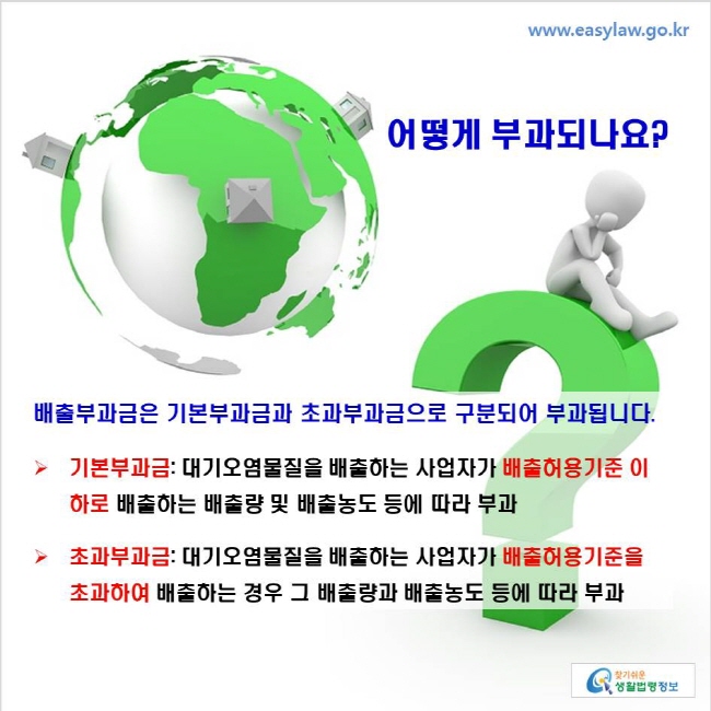 www.easylaw.go.kr 어떻게 부과되나요? 배출부과금은 기본부과금과 초과부과금으로 구분되어 부과됩니다. 기본부과금: 대기오염물질을 배출하는 사업자가 배출허용기준 이하로 배출하는 배출량 및 배출농도 등에 따라 부과 초과부과금: 대기오염물질을 배출하는 사업자가 배출허용기준을 초과하여 배출하는 경우 그 배출량과 배출농도 등에 따라 부과