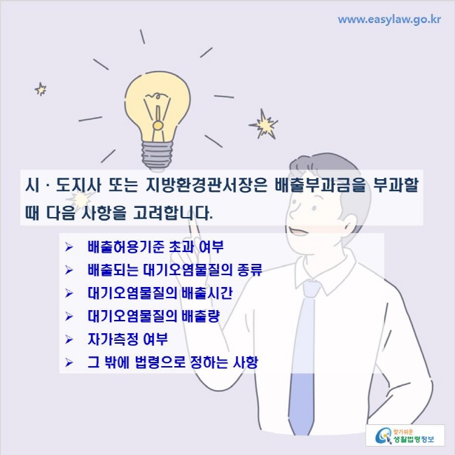 www.easylaw.go.kr 시·도지사 또는 지방환경관서장은 배출부과금을 부과할 때 다음 사항을 고려합니다. 배출허용기준 초과 여부 배출되는 대기오염물질의 종류 대기오염물질의 배출시간 대기오염물질의 배출량 자가측정 여부 그 밖에 법령으로 정하는 사항