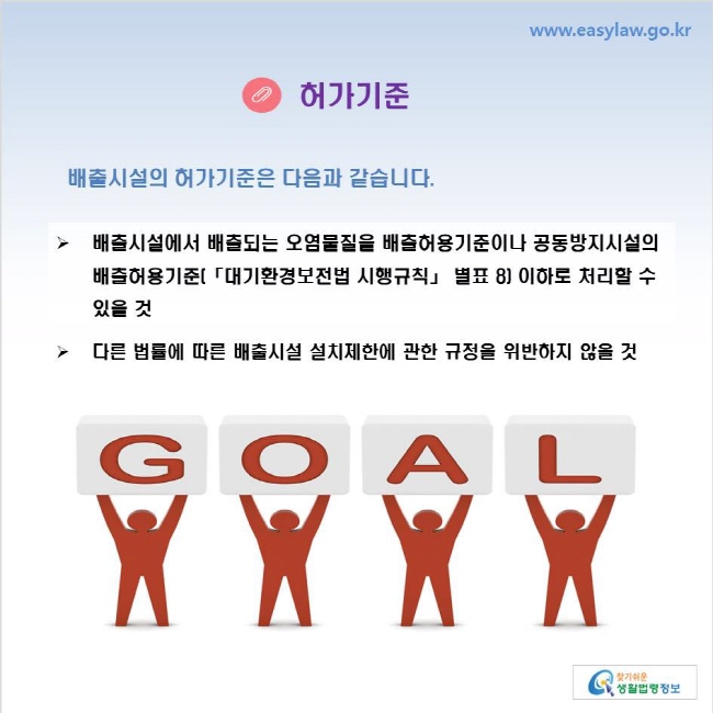 www.easylaw.go.kr 허가기준 배출시설의 허가기준은 다음과 같습니다. 배출시설에서 배출되는 오염물질을 배출허용기준이나 공동방지시설의 배출허용기준(「대기환경보전법 시행규칙」 별표 8) 이하로 처리할 수 있을 것 다른 법률에 따른 배출시설 설치제한에 관한 규정을 위반하지 않을 것