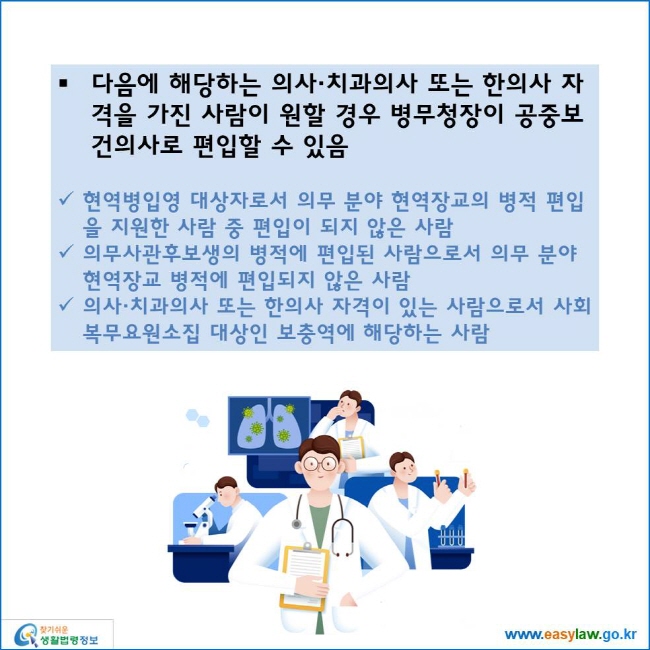 www.easylaw.go.kr ● 다음에 해당하는 의사·치과의사 또는 한의사 자격을 가진 사람이 원할 경우 병무청장이 공중보건의사로 편입할 수 있음 √ 현역병입영 대상자로서 의무 분야 현역장교의 병적 편입을 지원한 사람 중 편입이 되지 않은 사람 √ 의무사관후보생의 병적에 편입된 사람으로서 의무 분야 현역장교 병적에 편입되지 않은 사람 √ 의사·치과의사 또는 한의사 자격이 있는 사람으로서 사회복무요원소집 대상인 보충역에 해당하는 사람