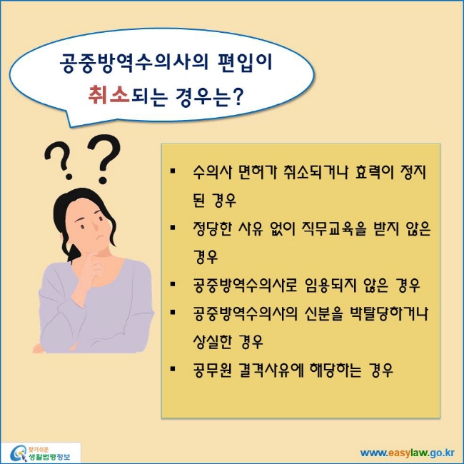 www.easylaw.go.kr 공중방역수의사의 편입이취소되는 경우는? ● 수의사 면허가 취소되거나 효력이 정지된 경우 ● 정당한 사유 없이 직무교육을 받지 않은 경우 ● 공중방역수의사로 임용되지 않은 경우 ● 공중방역수의사의 신분을 박탈당하거나 상실한 경우 ● 공무원 결격사유에 해당하는 경우