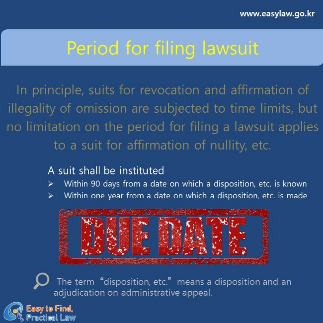 Period for filing lawsuit
In principle, suits for revocation and affirmation of illegality of omission are subjected to time limits, but no limitation on the period for filing a lawsuit applies to a suit for affirmation of nullity, etc.
A suit shall be instituted
Within 90 days from a date on which a disposition, etc. is known
Within one year from a date on which a disposition, etc. is made
The term“disposition, etc.”means a disposition and an adjudication on administrative appeal.