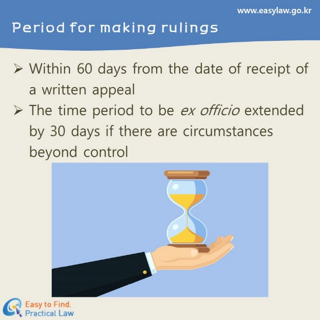 Period for making rulings
Within 60 days from the date of receipt of a written appeal 
The time period to be ex officio extended by 30 days if there are circumstances beyond control
