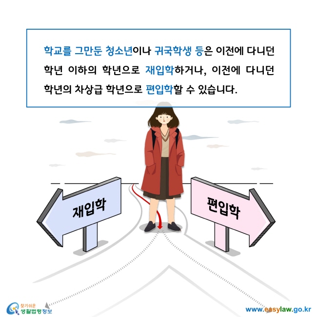 학교를 그만둔 청소년이나 귀국학생 등은 이전에 다니던 학년 이하의 학년으로 재입학하거나, 이전에 다니던 학년의 차상급 학년으로 편입학할 수 있습니다.  