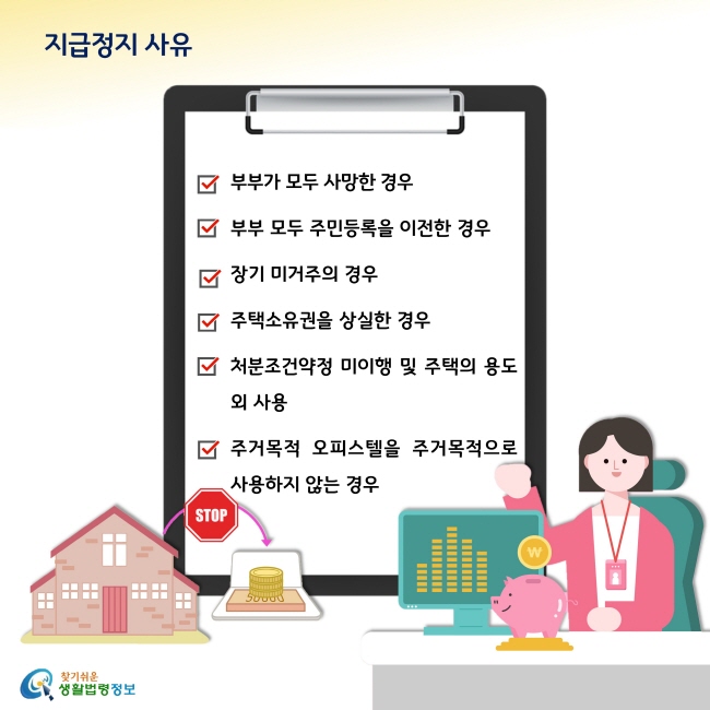 지급정지 사유

1. 부부가 모두 사망한 경우
2. 부부 모두 주민등록을 이전한 경우
3. 장기 미거주의 경우
4. 주택소유권을 상실한 경우
5. 처분조건약정 미이행 및 주택의 용도 외 사용
6. 주거목적 오피스텔을 주거목적으로 사용하지 않는 경우