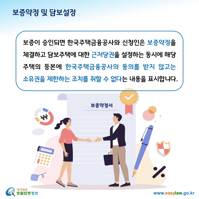 보증약정 및 담보설정

보증이 승인되면 한국주택금융공사와 신청인은 보증약정을  체결하고 담보주택에 대한 근저당권을 설정하는 동시에 해당 주택의 등본에 한국주택금융공사의 동의를 받지 않고는 소유권을 제한하는 조치를 취할 수 없다는 내용을 표시합니다. 