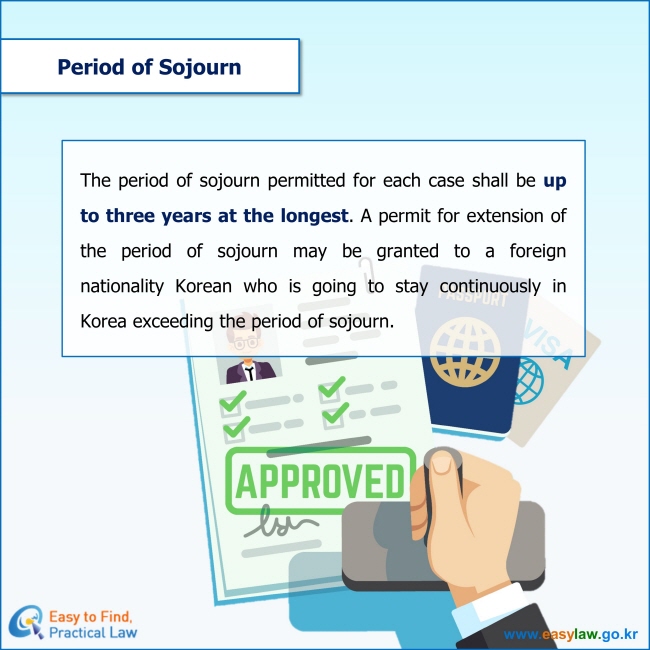 The period of sojourn permitted for each case shall be up to three years at the longest. A permit for extension of the period of sojourn may be granted to a foreign nationality Korean who is going to stay continuously in Korea exceeding the period of sojourn.

