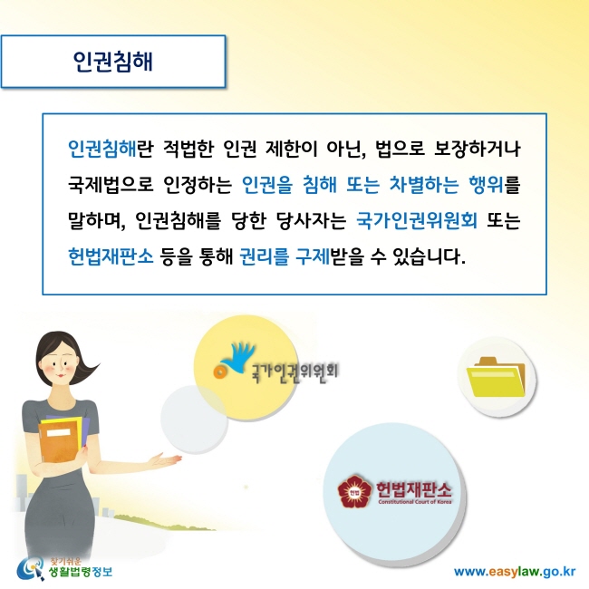 인권침해

인권침해란 적법한 인권 제한이 아닌, 법으로 보장하거나 국제법으로 인정하는 인권을 침해 또는 차별하는 행위를 말하며, 인권침해를 당한 당사자는 국가인권위원회 또는 헌법재판소 등을 통해 권리를 구제받을 수 있습니다. 