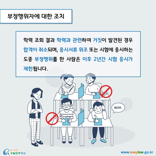 부정행위자에 대한 조치

학력 조회 결과 학력과 관련하여 거짓이 발견된 경우 합격이 취소되며, 응시서류 위조 또는 시험에 응시하는 도중 부정행위를 한 사람은 이후 2년간 시험 응시가 제한됩니다. 